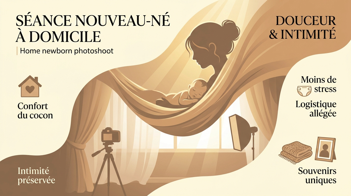 Bébé nouveau-né endormi paisiblement dans son cocon familial lors d'une séance photo à domicile