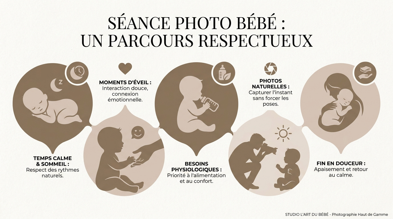 Séance photo bébé assis en studio avec accessoires naturels et photographe bienveillante