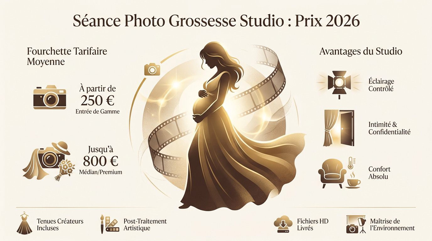 Séance photo de grossesse professionnelle en studio avec éclairage artistique