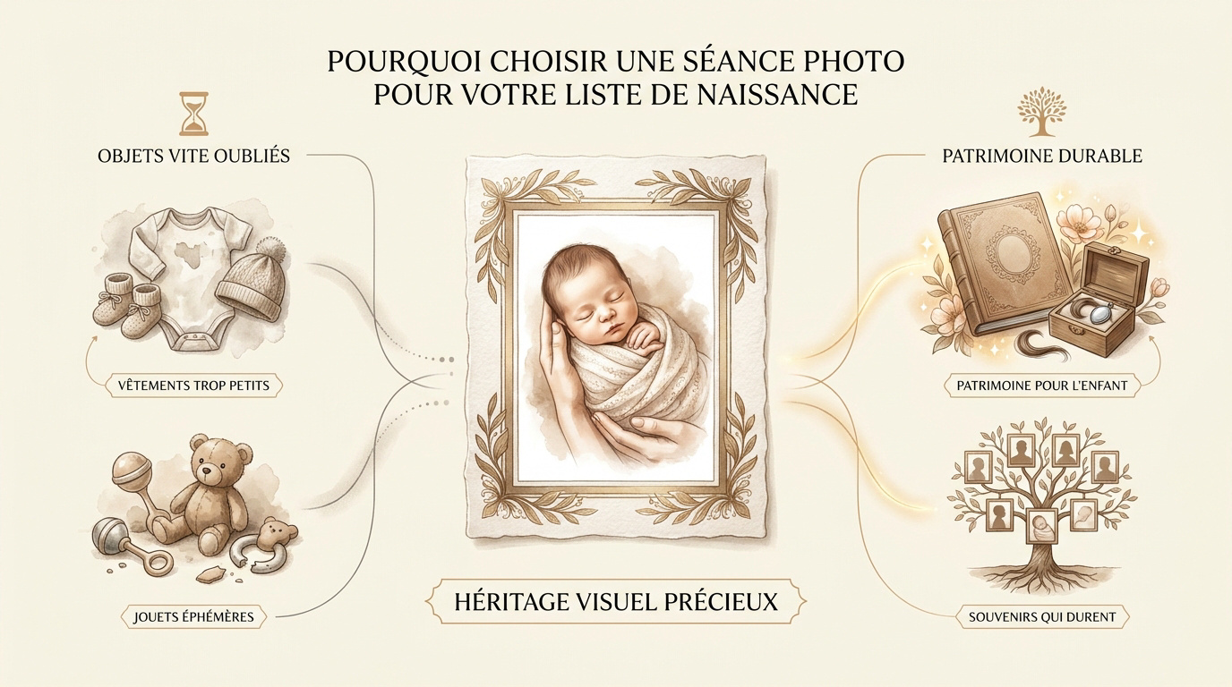 Comparaison entre une séance photo de naissance et des objets matériels éphémères