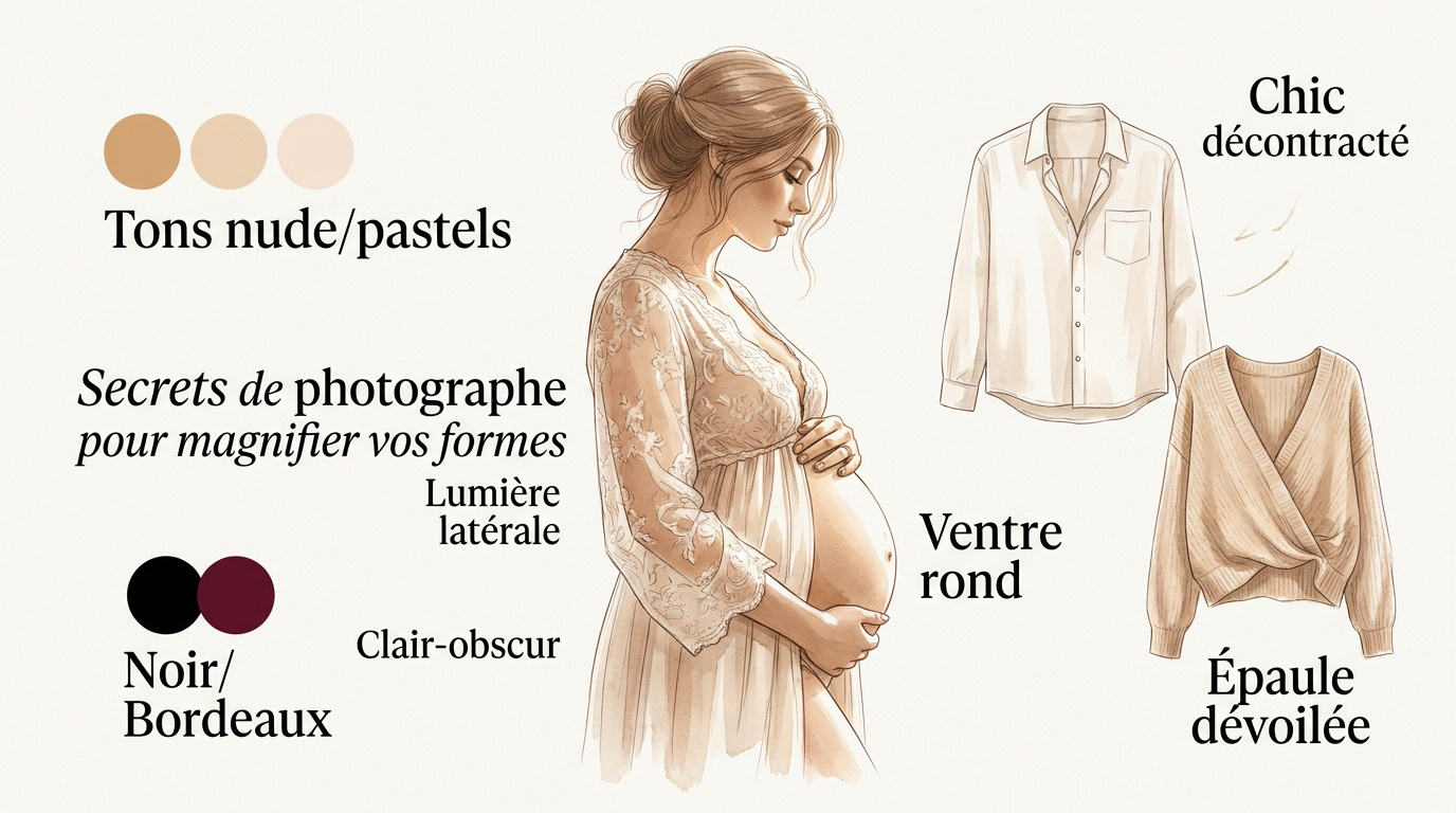 Future maman posant en lingerie fine dans un studio photo avec un éclairage tamisé