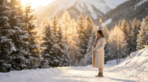 Femme enceinte posant dans un paysage enneigé, éclairée par la lumière dorée du soleil en montagne.