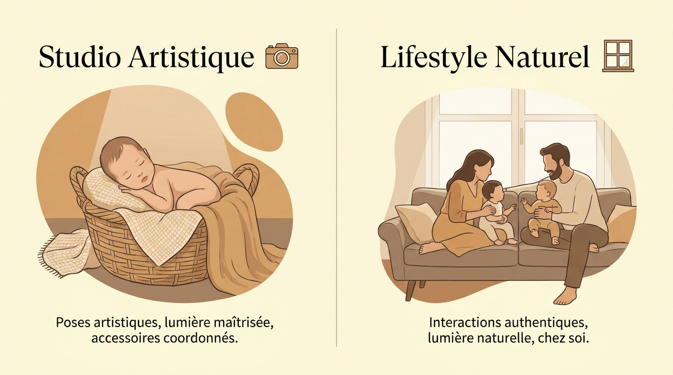 Comparaison entre une séance photo nouveau-né en studio et un reportage lifestyle à domicile