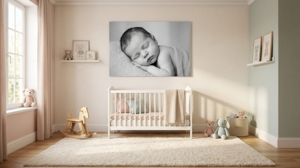 Portrait en noir et blanc d'un bébé endormi encadré au-dessus d'un berceau dans une chambre d'enfant aux tons doux.