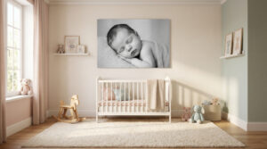 Sublimer votre intérieur avec une décoration murale photo bébé Portrait en noir et blanc d'un bébé endormi encadré au-dessus d'un berceau dans une chambre d'enfant aux tons doux.