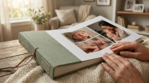 Créer un album photo naissance haut de gamme : le choix de l'excellence Mains tenant un album photo de naissance avec couverture en tissu vert sur une table en bois dans une ambiance cocooning.