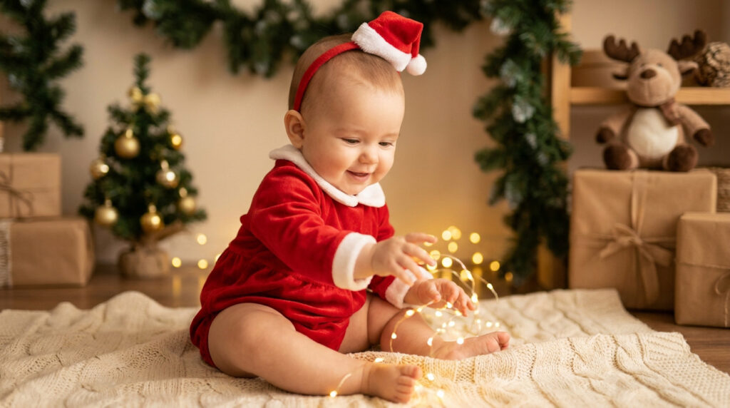 Bébé en costume de Père Noël jouant avec des guirlandes lumineuses dans un décor féerique de Noël à Montpellier.