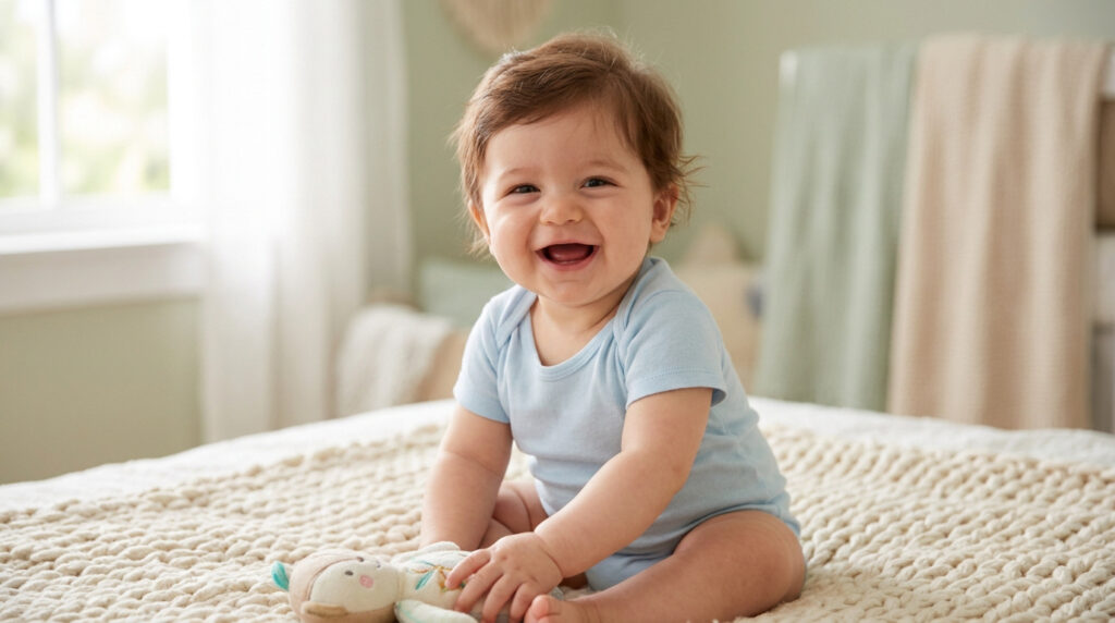 Un bébé de six mois en body bleu, assis sur un plaid en laine, sourit joyeusement à la caméra.