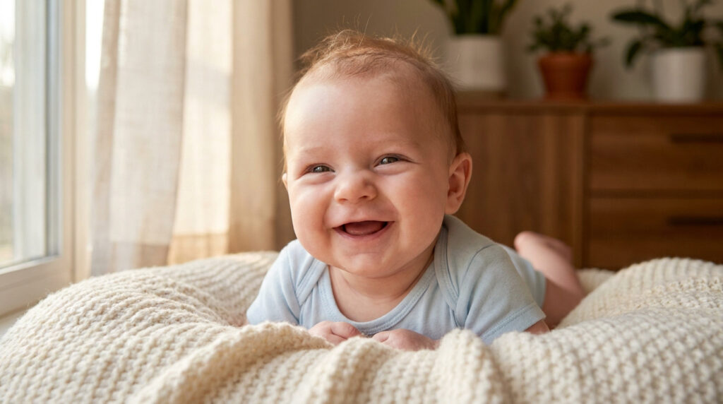 Bébé de trois mois vêtu d'un body bleu, allongé sur le ventre sur une couverture en tricot, souriant joyeusement.