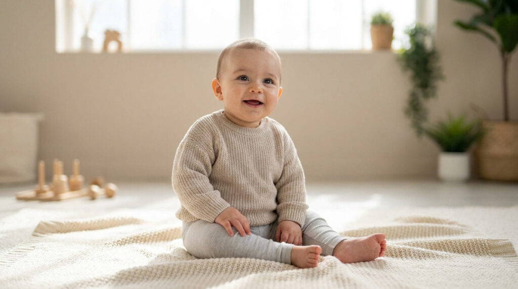 Bébé de 9 mois souriant, habillé d'un pull beige, assis sur un tapis clair dans une pièce lumineuse.