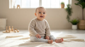 Capturer les progrès de bébé lors d'un shooting 9 mois Bébé de 9 mois souriant, habillé d'un pull beige, assis sur un tapis clair dans une pièce lumineuse.