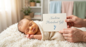 Offrir une carte cadeau pour une séance photo de naissance Mains tenant une carte cadeau pour un shooting photo à côté d'un nouveau-né endormi sur une couverture douce.