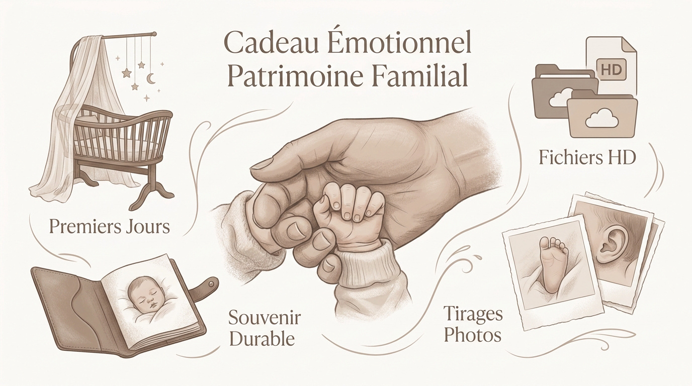 Carte cadeau élégante pour une séance photo de naissance en studio professionnel