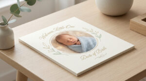 Créer un faire-part de naissance unique avec vos photos de studio Carte de naissance carrée posée sur une table en bois avec la photo d'un nouveau-né endormi au centre.