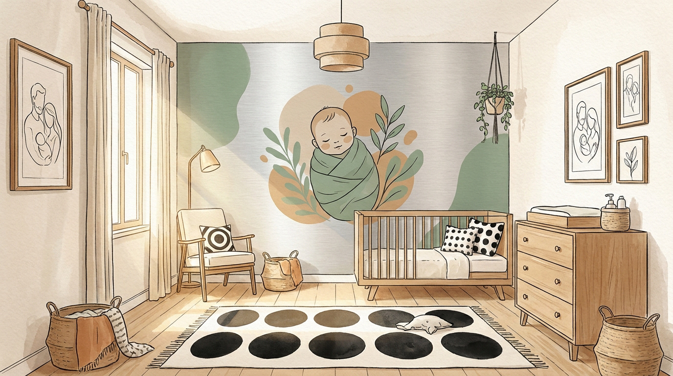 Décoration murale douce et épurée dans une chambre de bébé avec cadres photos et mobilier en bois