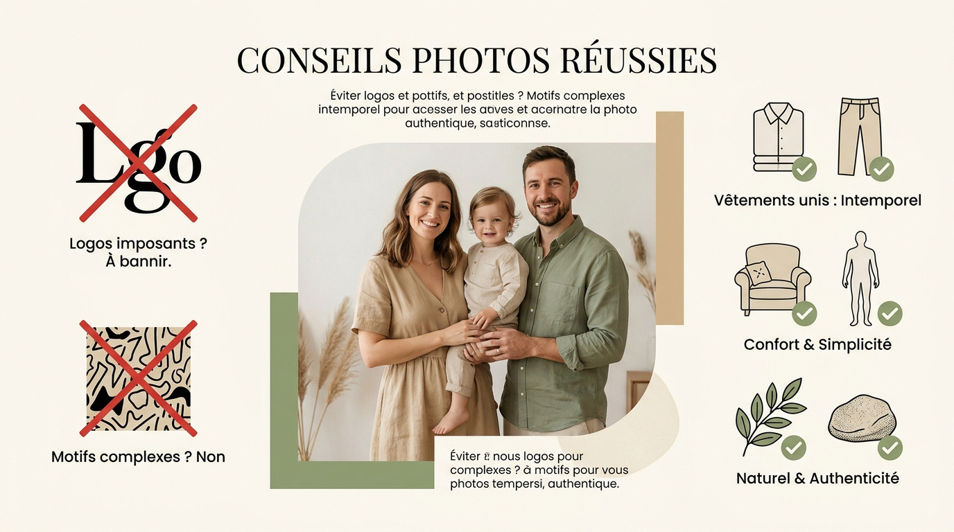 Famille souriante en extérieur portant des tenues simples et harmonieuses