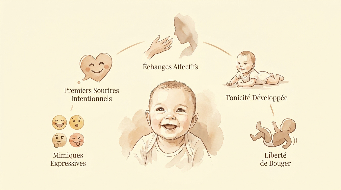 Bébé de 3 mois souriant lors d'une séance photo d'éveil en studio