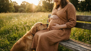 Réussir sa séance photo de grossesse avec son chien Une femme enceinte assise sur un banc en plein air avec son chien posant tendrement sa tête sur son ventre.