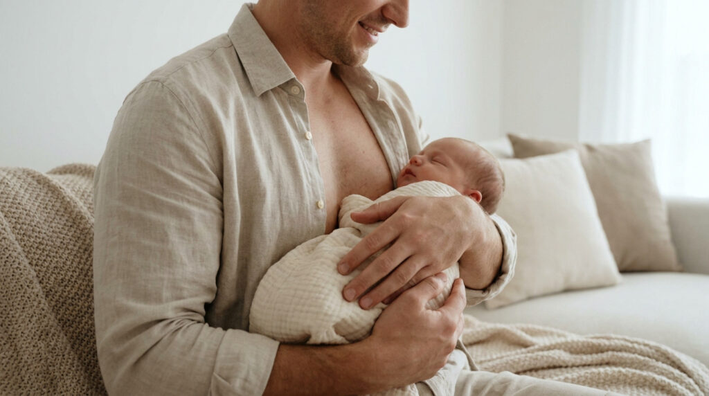 Un papa tenant tendrement son nouveau-né endormi contre sa poitrine sur un canapé clair.