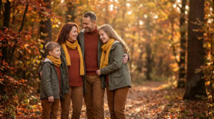 Harmoniser vos tenues pour un shooting photo famille en automne Une famille souriante vêtue de tenues aux tons automnaux coordonnés, marchant ensemble dans une forêt aux feuilles dorées.