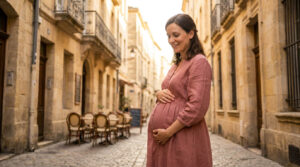 Shooting photo grossesse urbain : le charme de Montpellier Femme enceinte souriante dans une rue pavée typique de Montpellier portant une robe rose en lin.