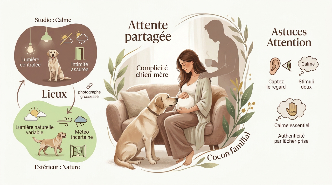 Séance photo de grossesse en studio avec un chien pour créer un cocon familial