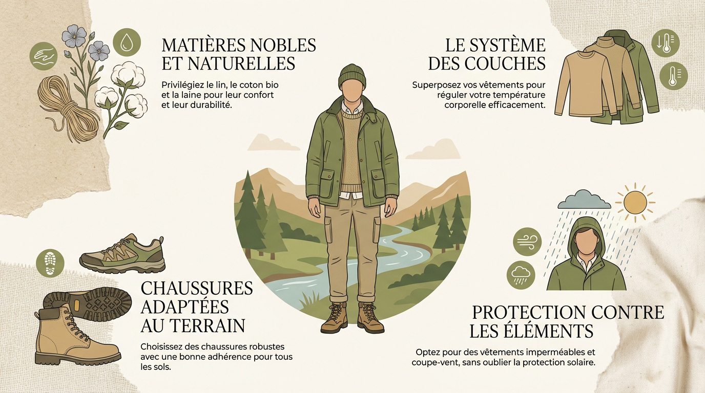 Famille en extérieur portant des tenues en matières naturelles et superposées
