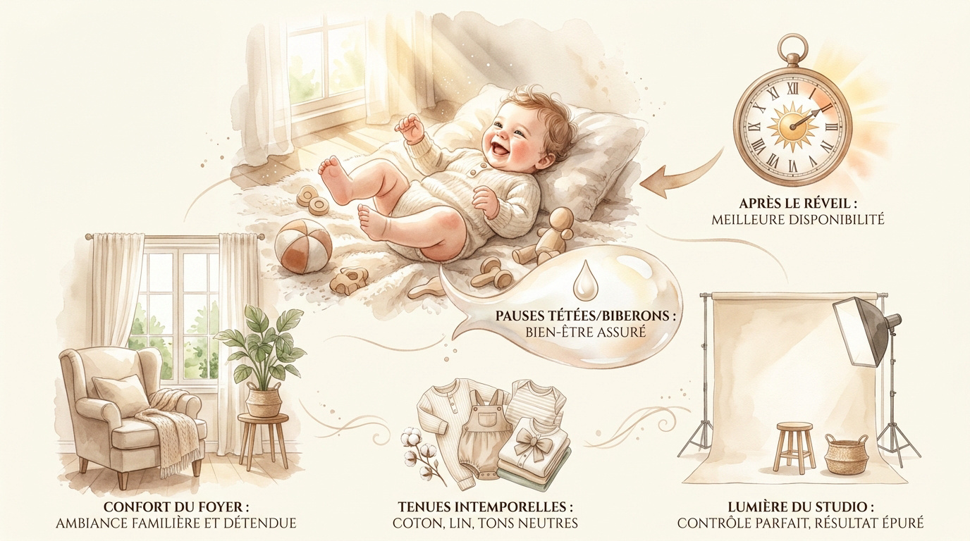 Bébé de trois mois souriant lors d'une séance photo en studio minimaliste