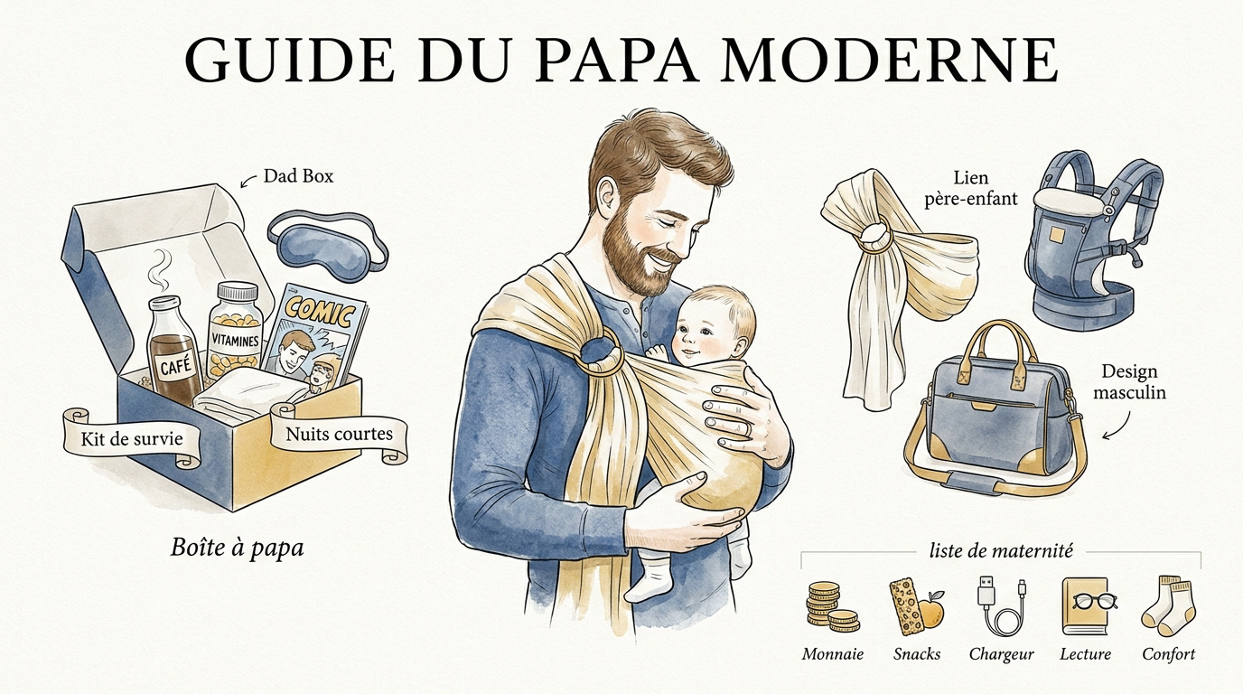 Equipement moderne pour jeune papa avec sac à langer et accessoires de portage