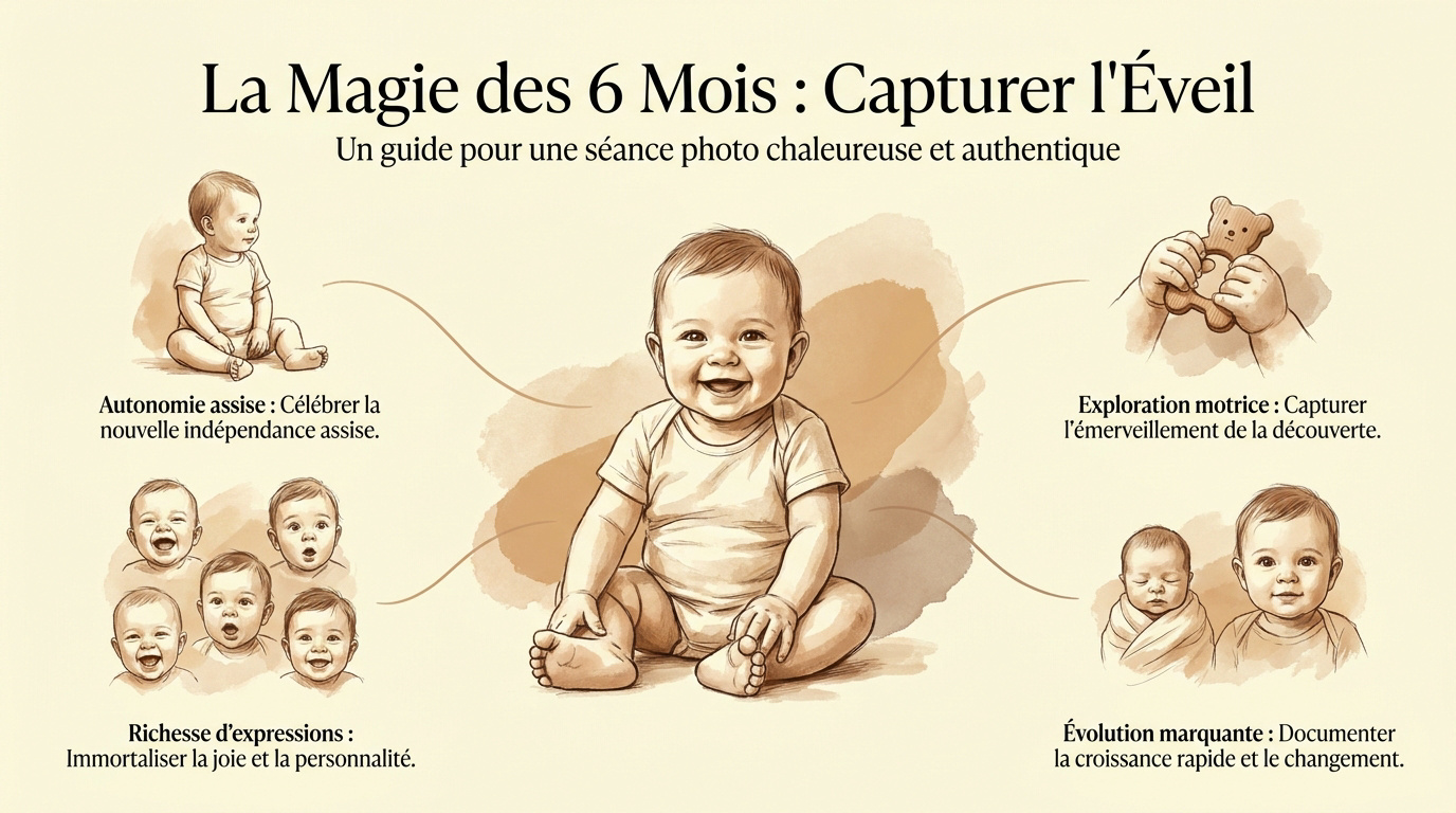 Bébé de six mois souriant en position assise lors d'un shooting photo en studio