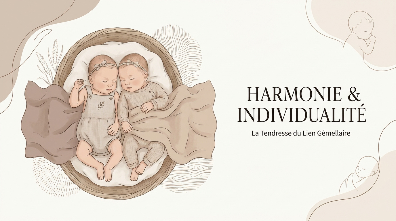 Jumeaux nouveau-nés paisiblement installés dans un panier en osier avec des accessoires coordonnés