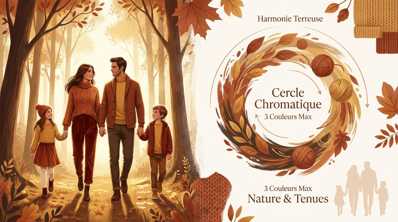 Famille coordonnée en tenues automnales avec palette de couleurs terreuses