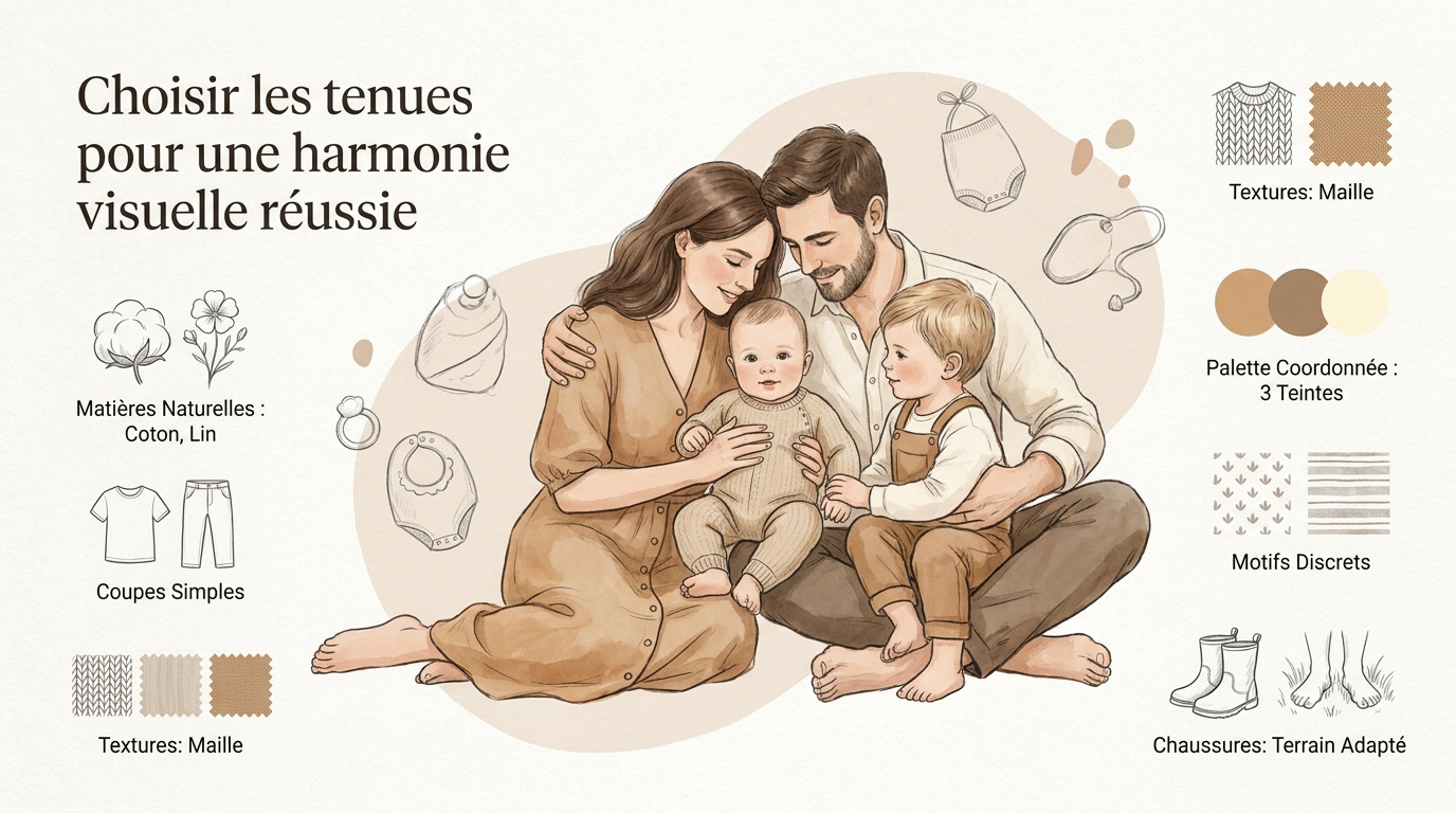 Famille coordonnée en tenues neutres pour une photo de famille avec bébé 1 an