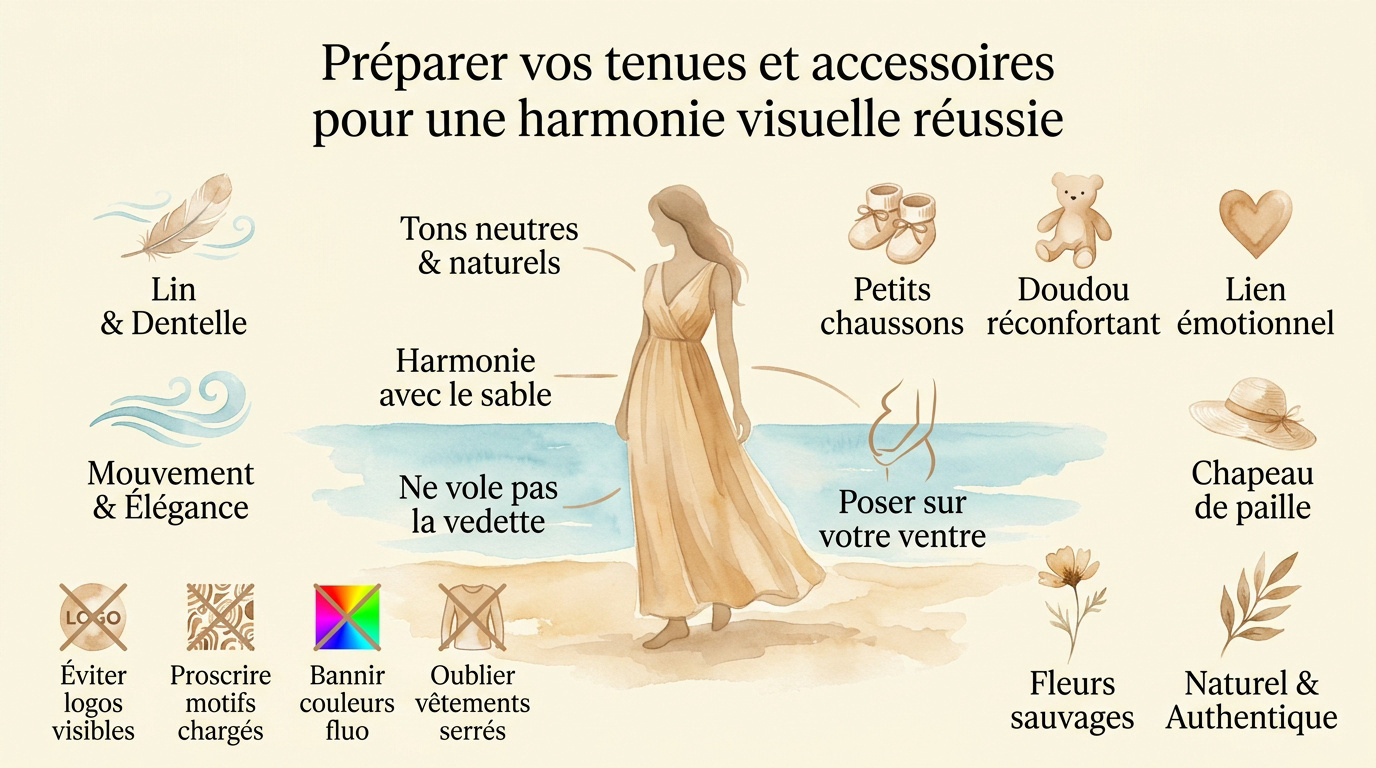 Future maman portant une robe fluide en dentelle sur une plage près de Montpellier