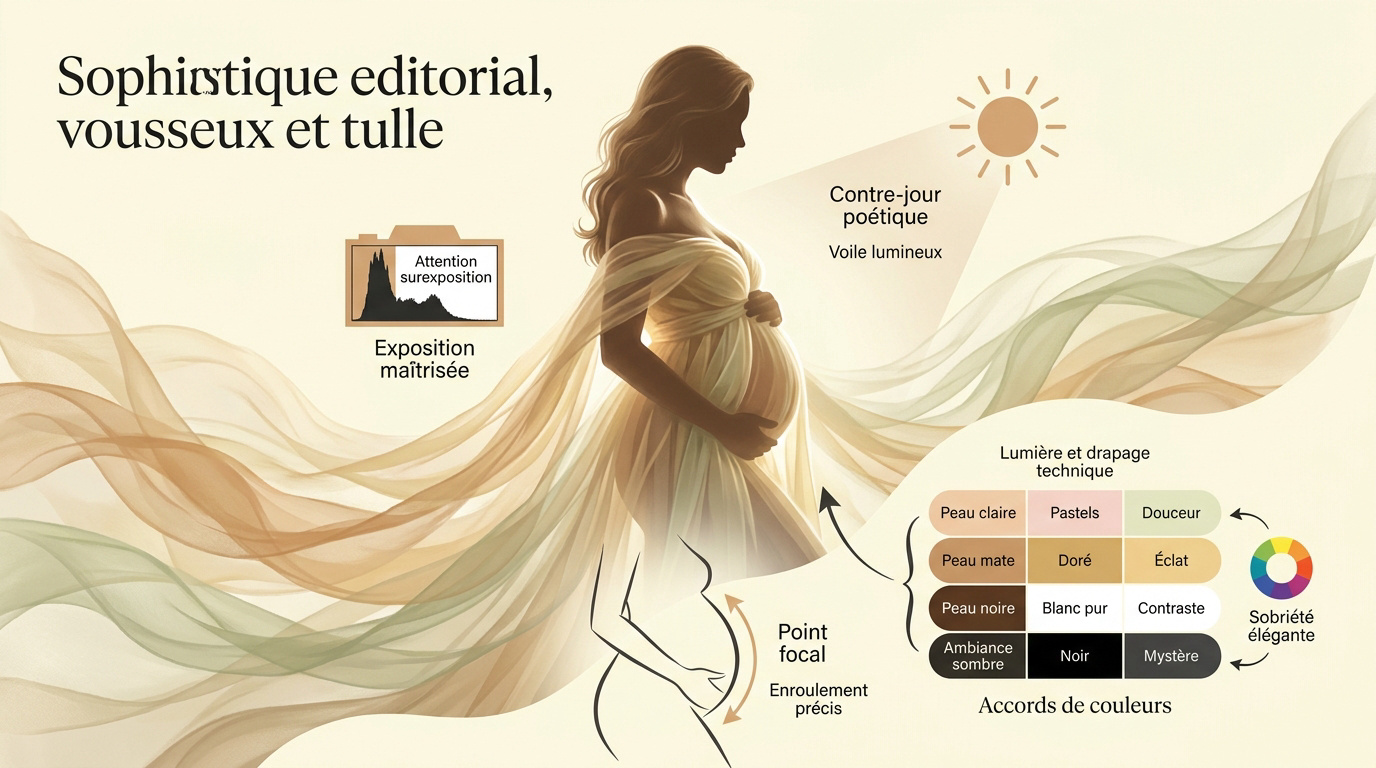 Photographie de studio montrant le drapage artistique d'un voile sur une femme enceinte pour sublimer sa silhouette