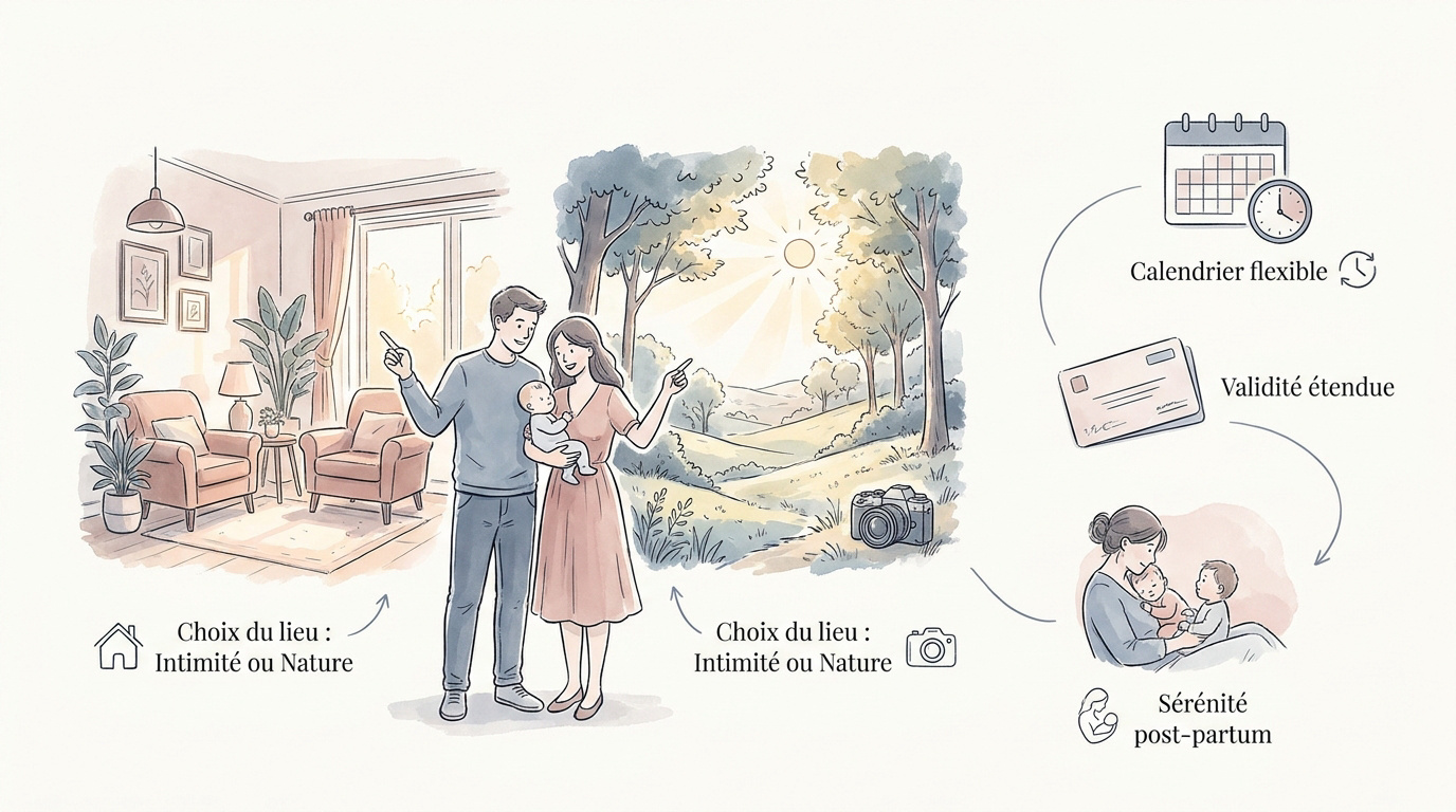 Illustration minimaliste représentant une famille profitant de la flexibilité d'une séance photo de naissance