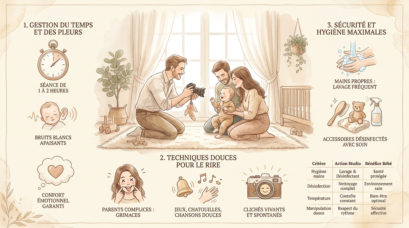 Infographie séance photo bébé bienveillante en studio