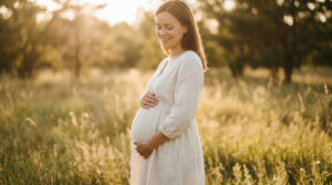 Comment poser pour une séance photo de grossesse réussie Femme enceinte souriante portant une robe longue dans un champ sous la lumière dorée du soleil couchant.