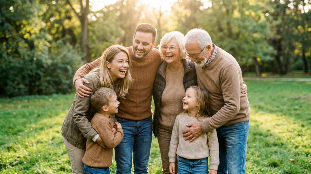 Une famille heureuse composée de parents, grands-parents et deux enfants rit ensemble dans un parc ensoleillé.