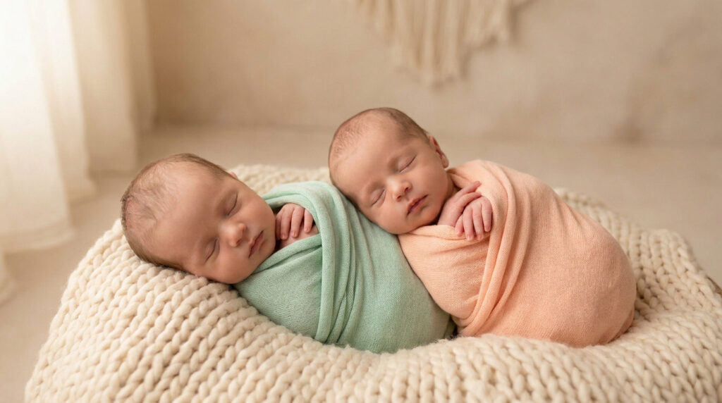 Deux bébés jumeaux nouveau-nés emmaillotés dans des couvertures vert menthe et pêche dorment ensemble sur un plaid.