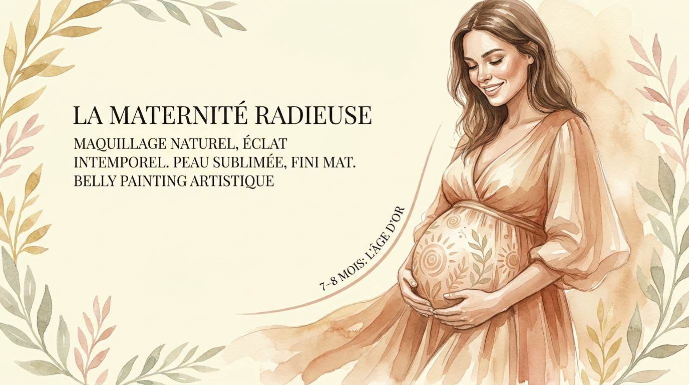 Future maman radieuse avec un maquillage naturel en studio professionnel