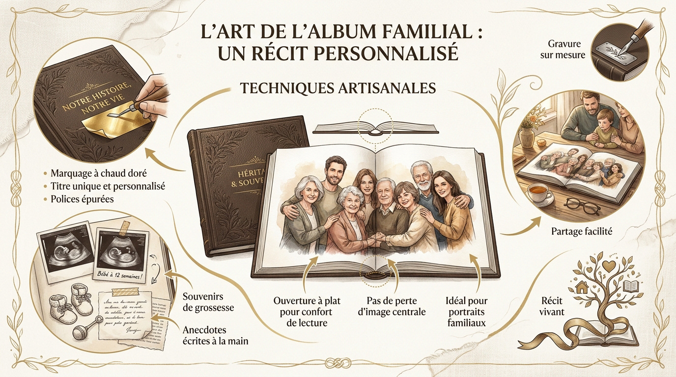 Album photo naissance haut de gamme avec finition artisanale en tissu et dorure