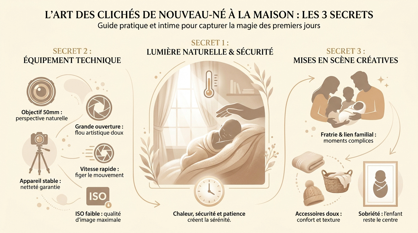 Bébé nouveau-né endormi dans une lumière naturelle douce pour un faire-part de naissance