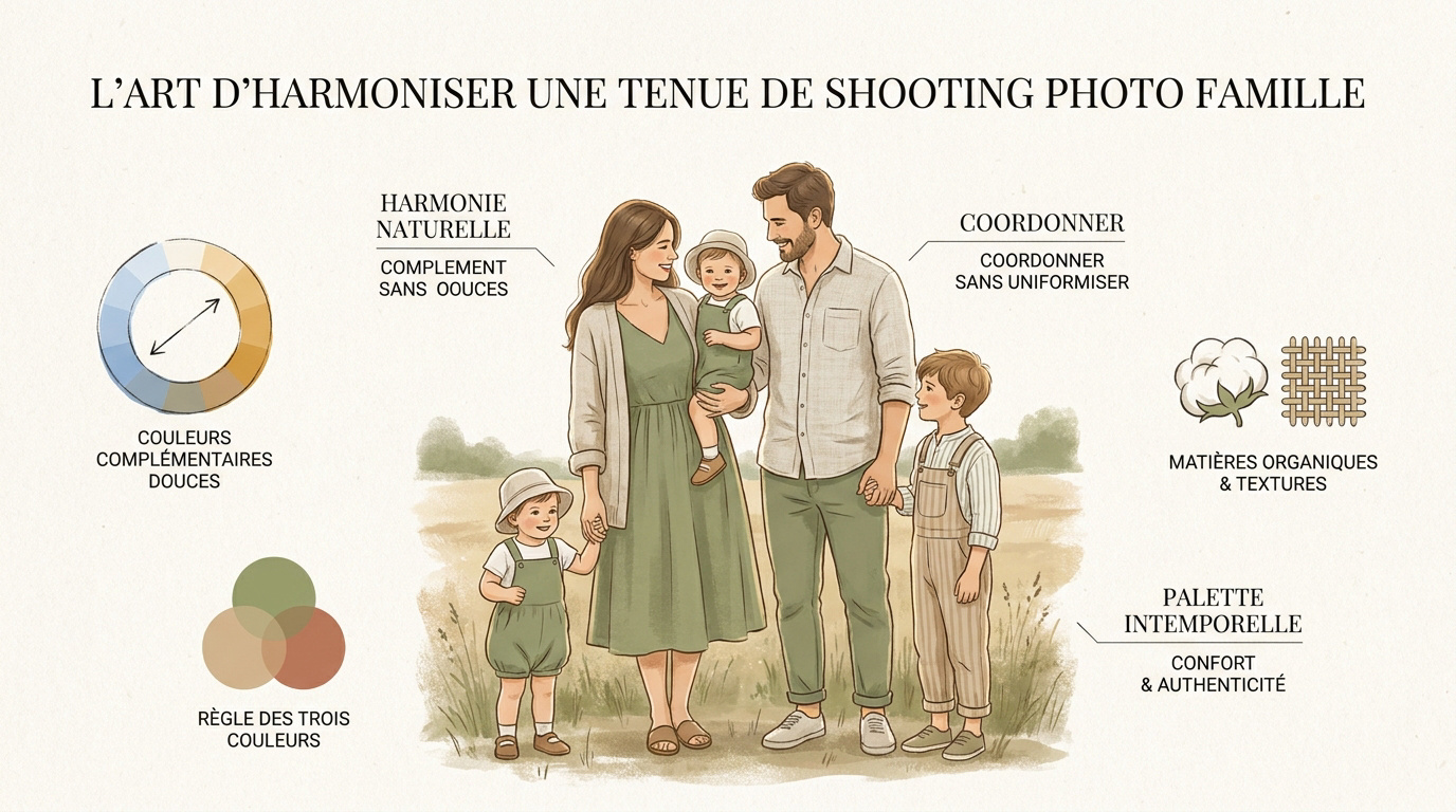 Famille en extérieur portant des tenues coordonnées dans des tons beiges et bleus naturels