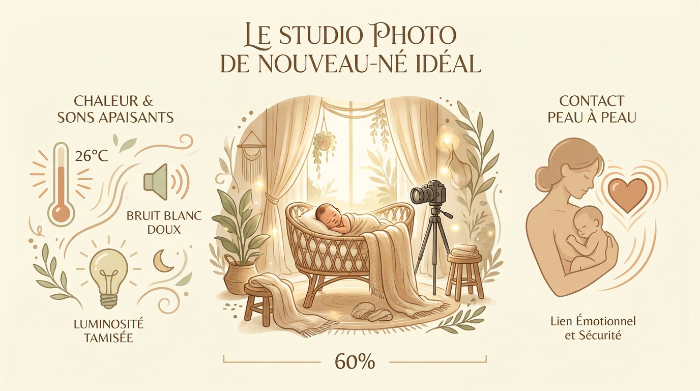 Studio photo chaleureux et sécurisé pour nouveau-né avec accessoires doux