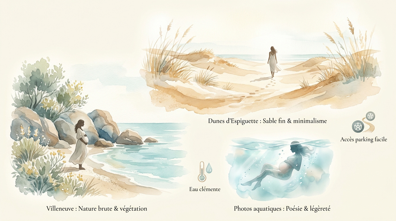 Littoral méditerranéen sauvage avec dunes de sable et mer calme pour séance photo grossesse