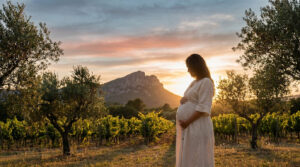 Réussir votre shooting photo de grossesse au Pic Saint-Loup Une femme enceinte dans une robe beige, debout dans un vignoble au coucher du soleil avec le Pic Saint-Loup en fond.