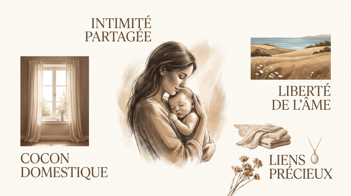 Maman allaitant son bébé en extérieur dans une atmosphère artistique et sereine