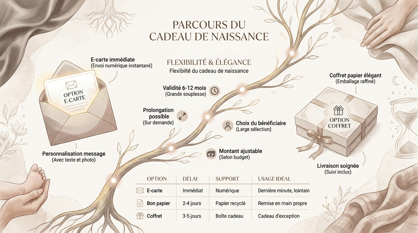 Options de personnalisation et formats de livraison pour carte cadeau séance photo naissance
