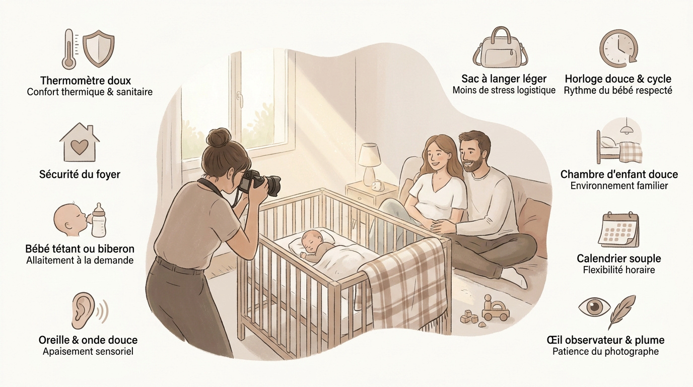 Bébé nouveau-né paisiblement endormi dans son cocon familial lors d'une séance photo à domicile